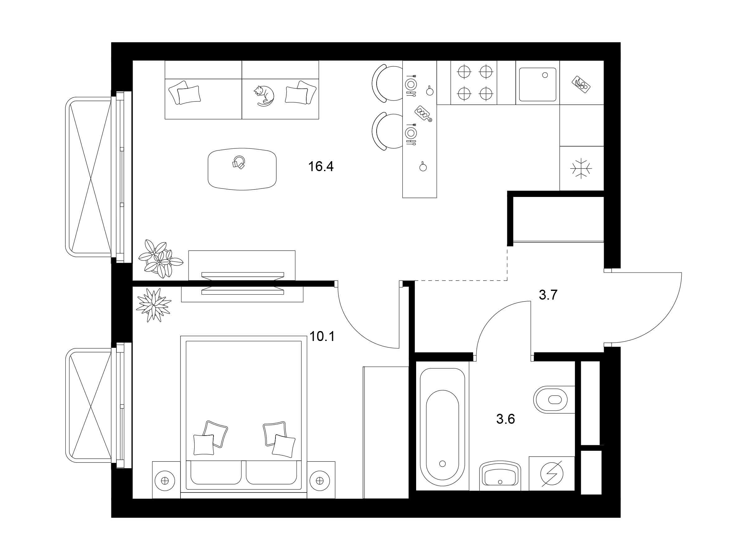 Планировка: 1-комн. квартира 33.80 м² в новостройке 2-й Иртышский