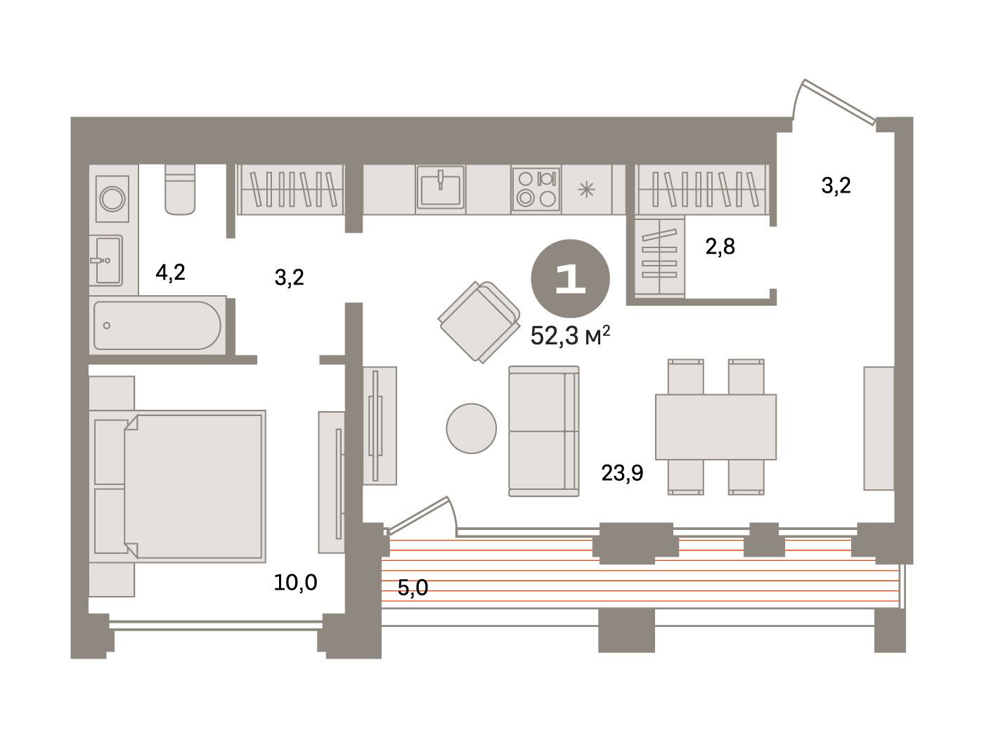 Планировка: 1-комн. квартира 52.30 м² в новостройке ЖК ДОМ А