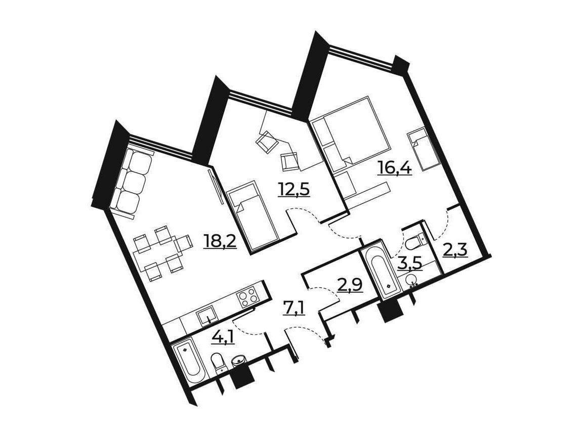 Планировка: 2-комн. квартира 66.90 м² в новостройке Резиденция Сокольники