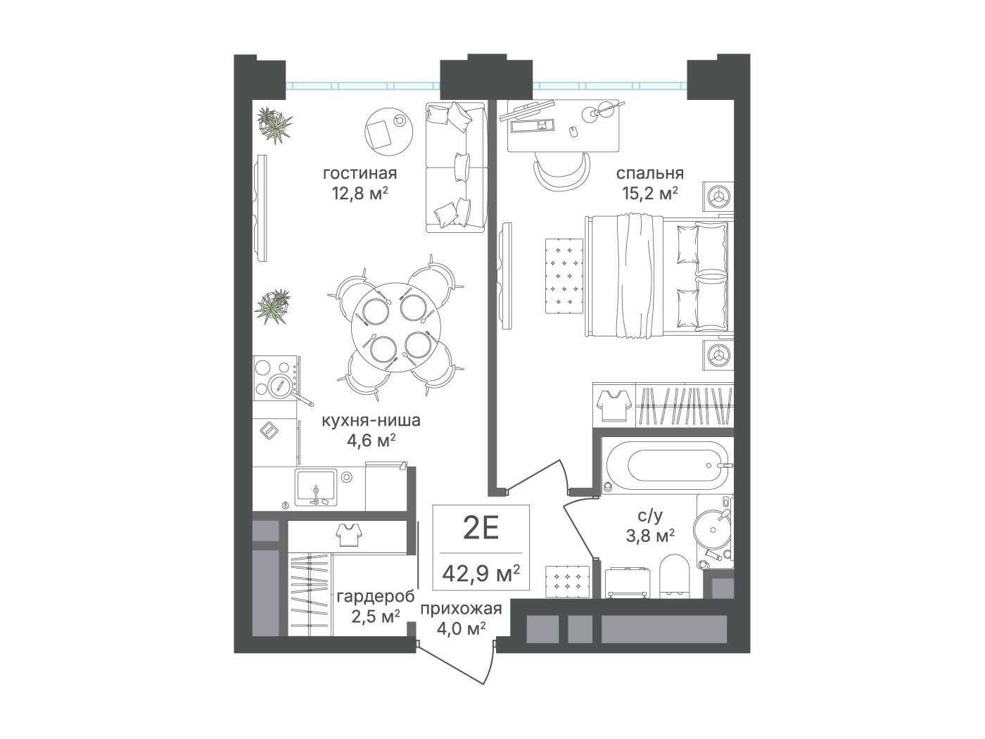 Планировка: 2-комн. квартира 42.90 м² в новостройке Михалковский