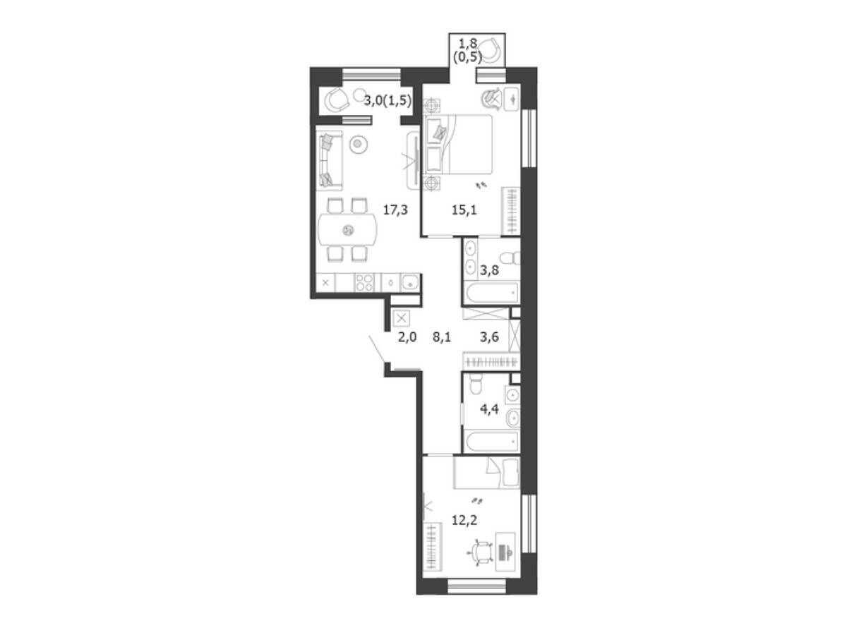 Планировка: 2-комн. квартира 68.50 м² в новостройке Шагал