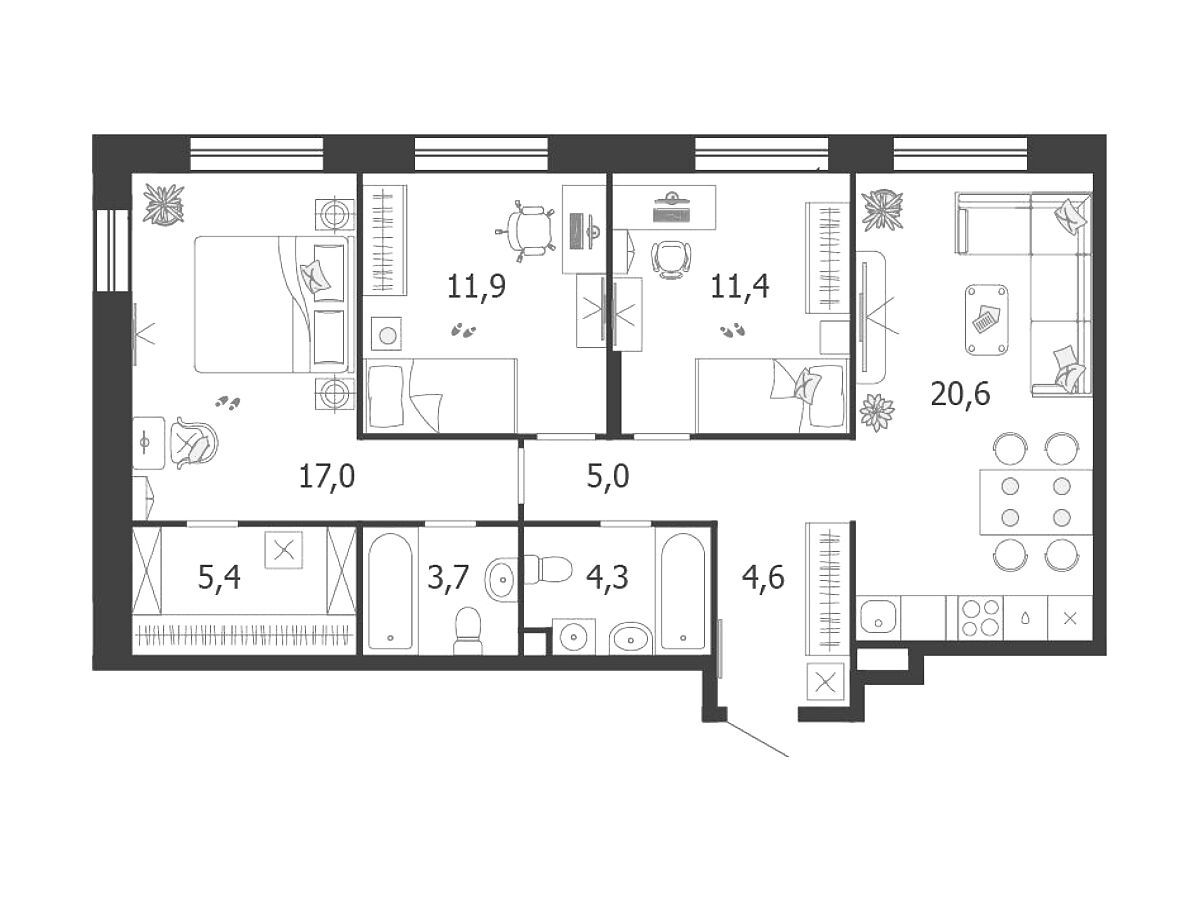 Планировка: 3-комн. квартира 84.40 м² в новостройке Шагал