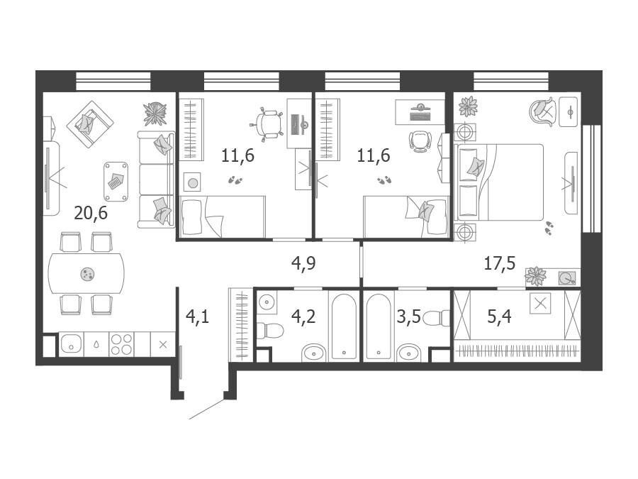 Планировка: 3-комн. квартира 83.90 м² в новостройке Шагал