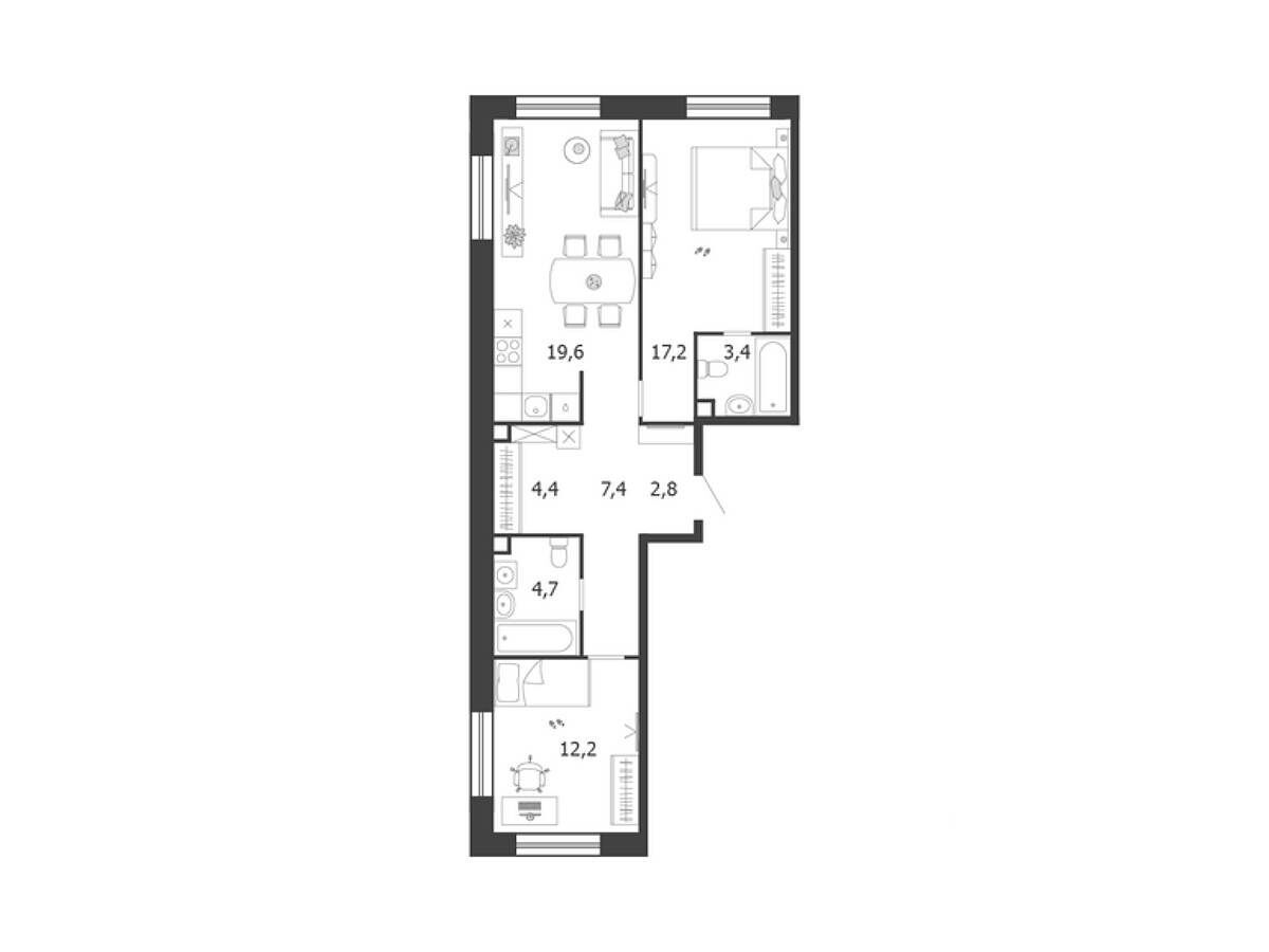 Планировка: 2-комн. квартира 71.70 м² в новостройке Шагал