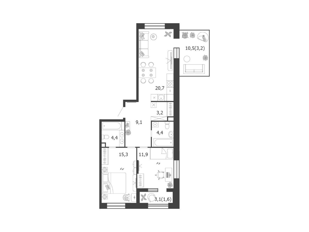Планировка: 2-комн. квартира 73.80 м² в новостройке Шагал