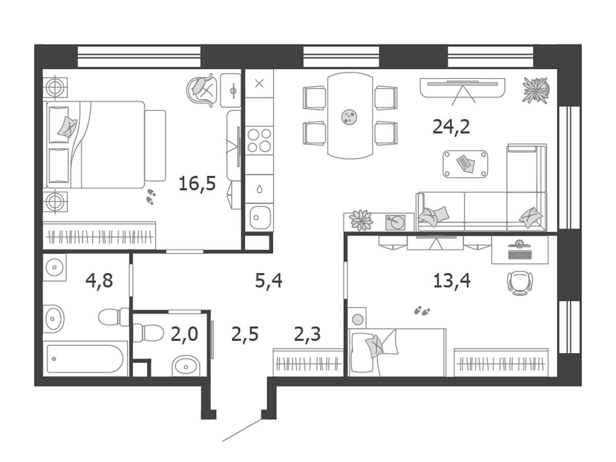 Планировка: 2-комн. квартира 71.10 м² в новостройке Шагал