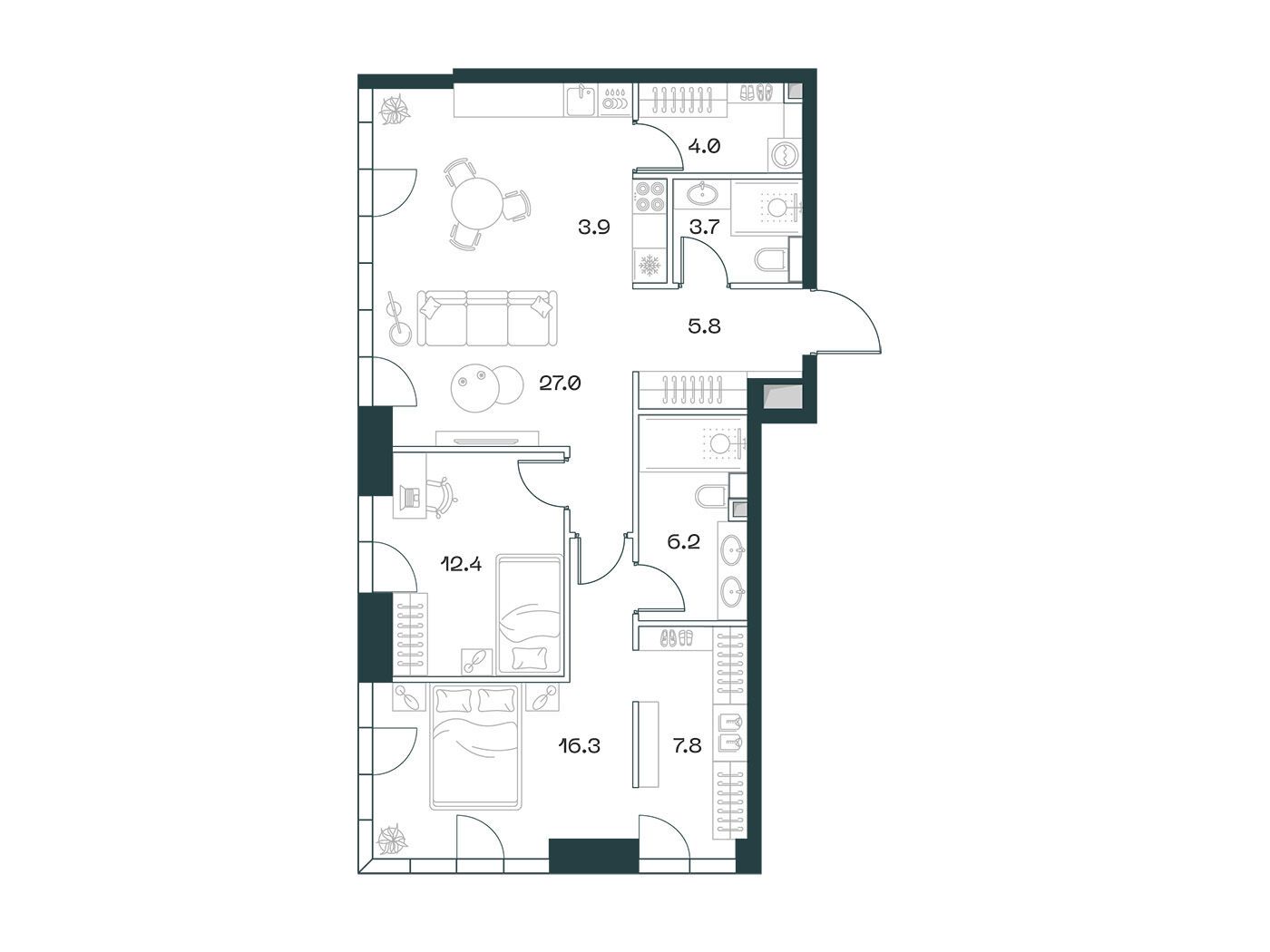 Планировка: 3-комн. квартира 87.10 м² в новостройке Шифт