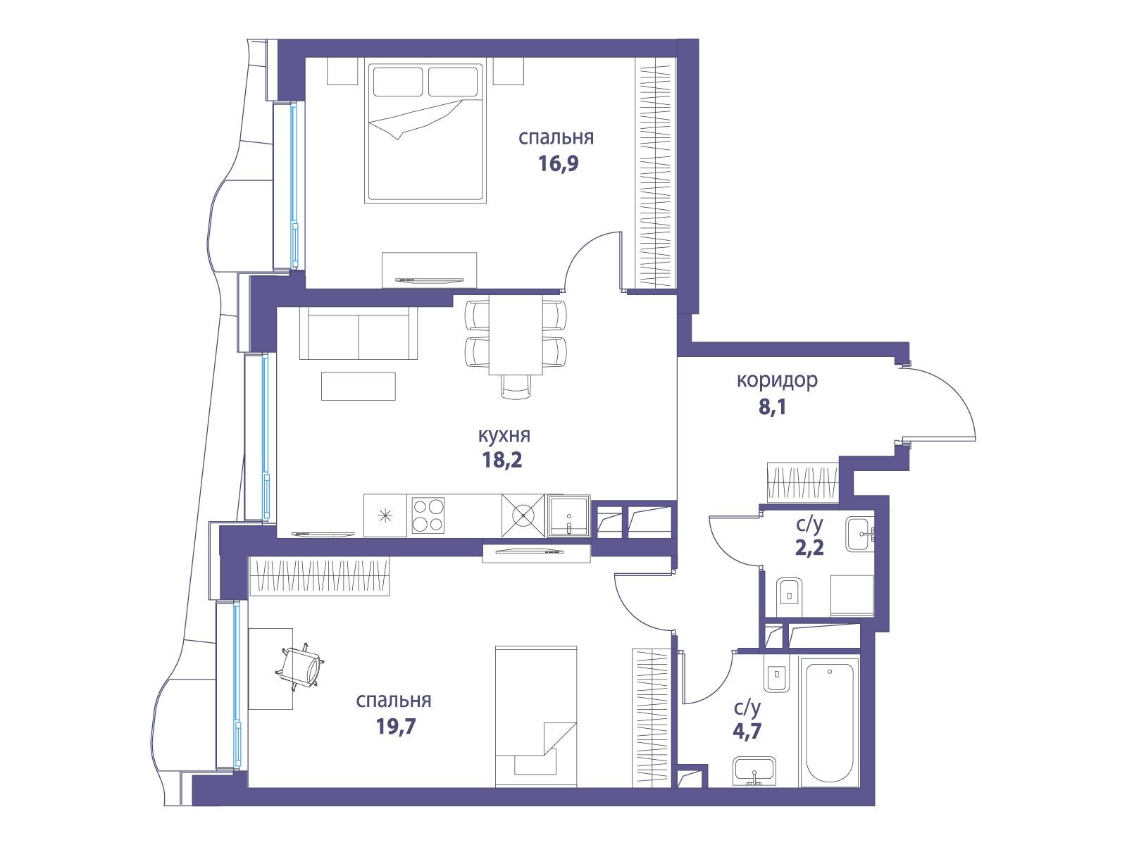 Планировка: 2-комн. квартира 69.80 м² в новостройке Символ
