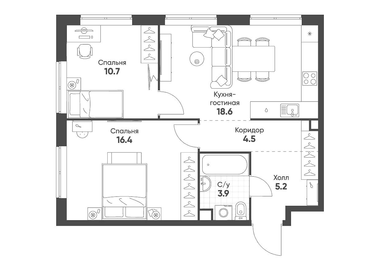 Планировка: 2-комн. квартира 59.30 м² в новостройке ЖК Соколинн Парк
