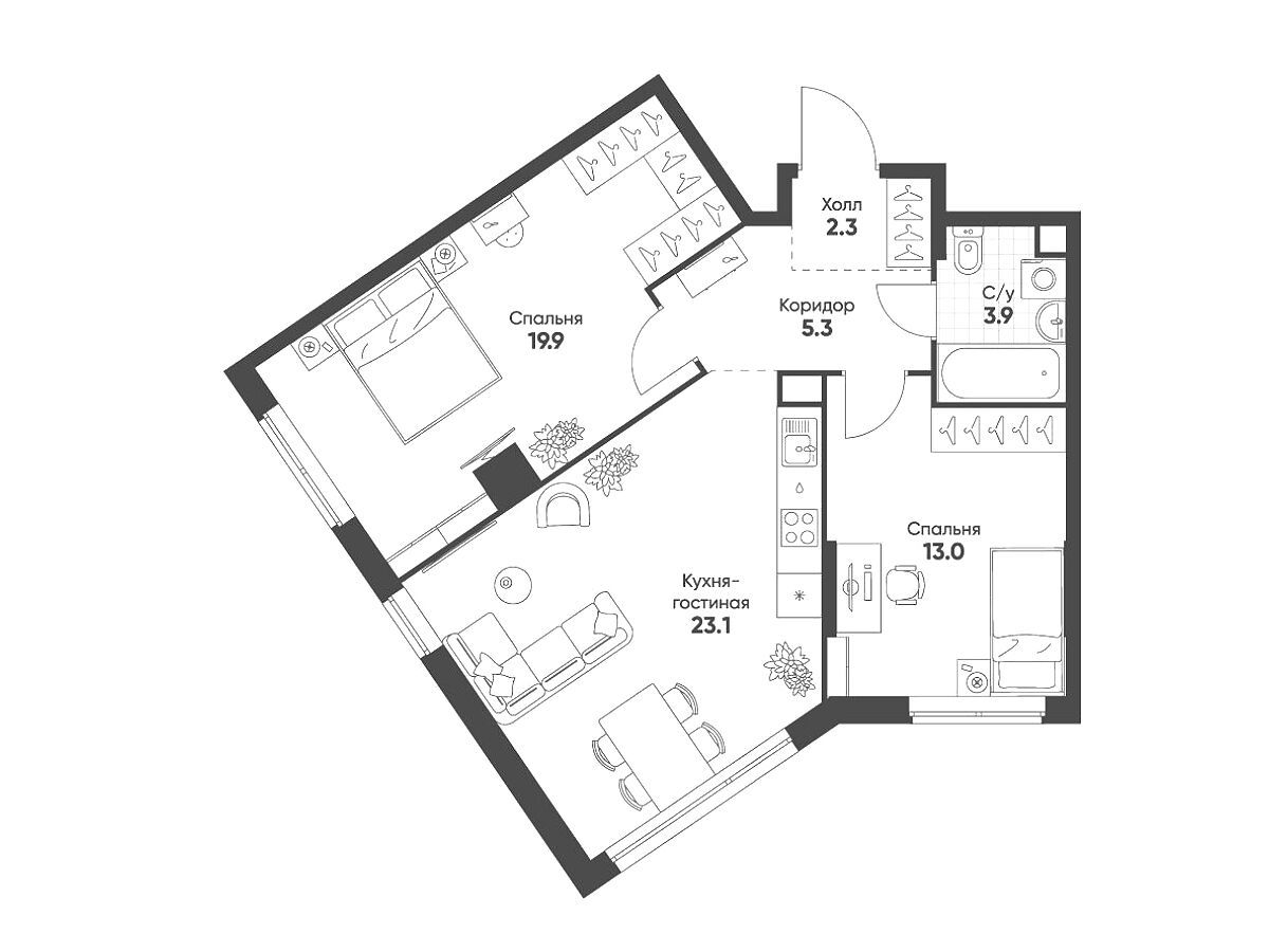 Планировка: 2-комн. квартира 67.50 м² в новостройке ЖК Соколинн Парк