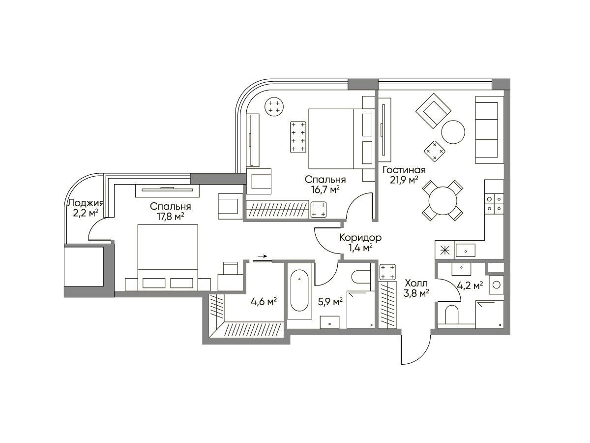 Планировка: 2-комн. квартира 76.20 м² в новостройке ЖК Сторис на Мосфильмовской