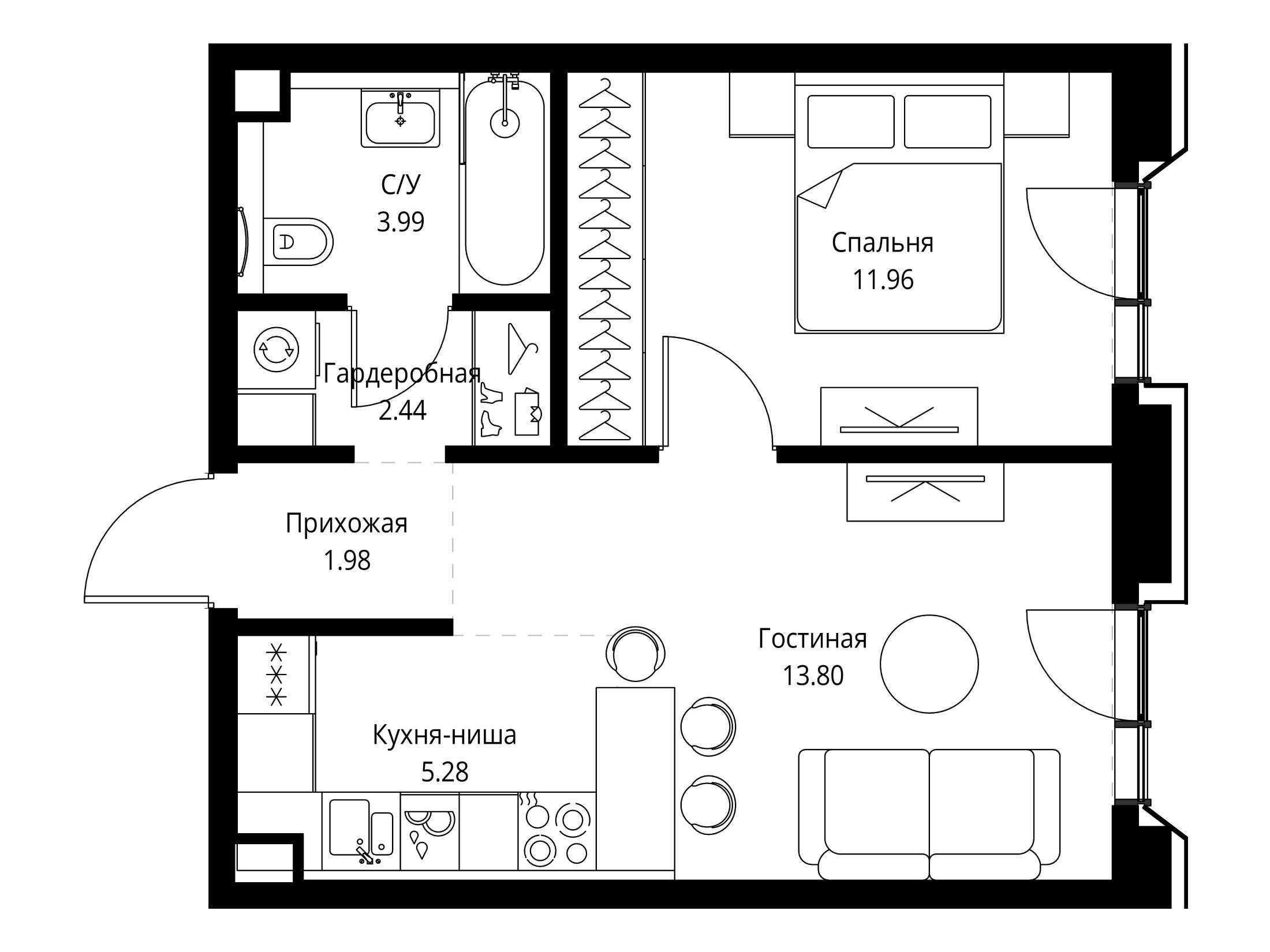 Планировка: 1-комн. квартира 39.45 м² в новостройке ЖК МИРА