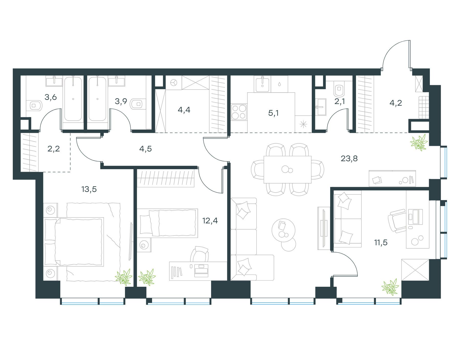 Планировка: 4-комн. квартира 91.20 м² в новостройке ЖК Павелецкая Сити