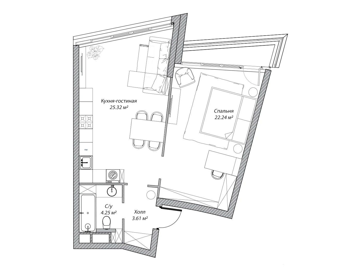 Планировка: 2-комн. квартира 55.40 м² в новостройке Рублево