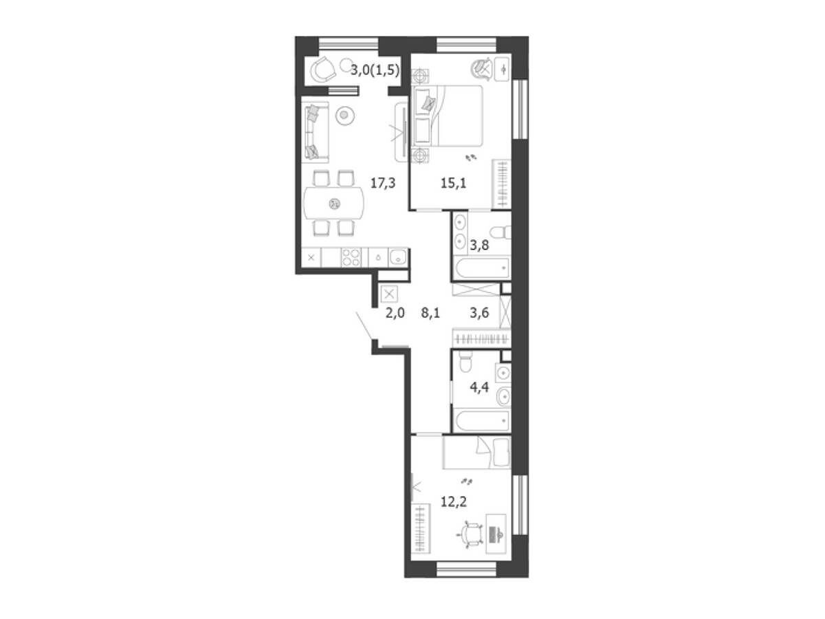Планировка: 2-комн. квартира 68.00 м² в новостройке Шагал