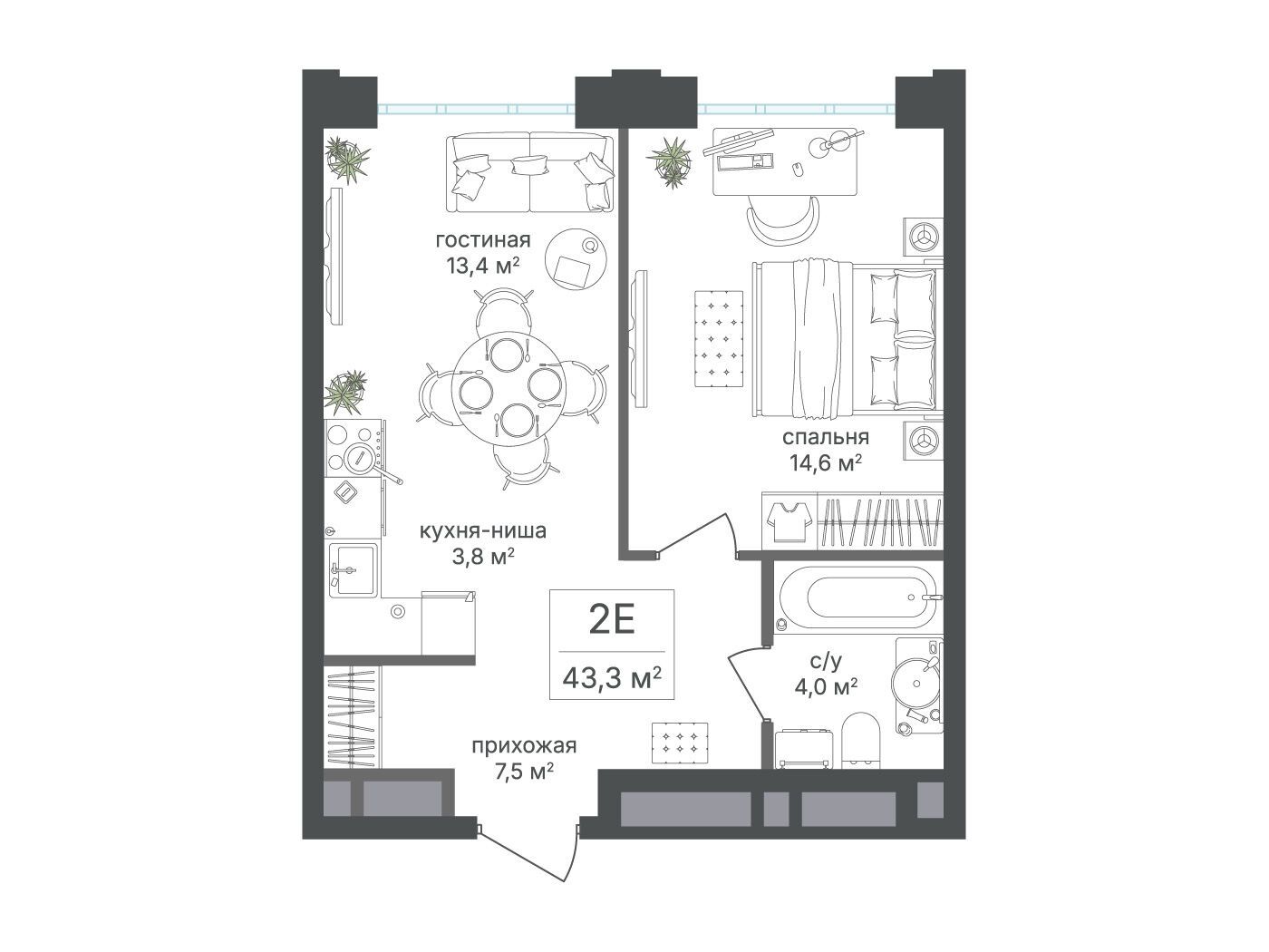 Планировка: 2-комн. квартира 43.30 м² в новостройке Михалковский