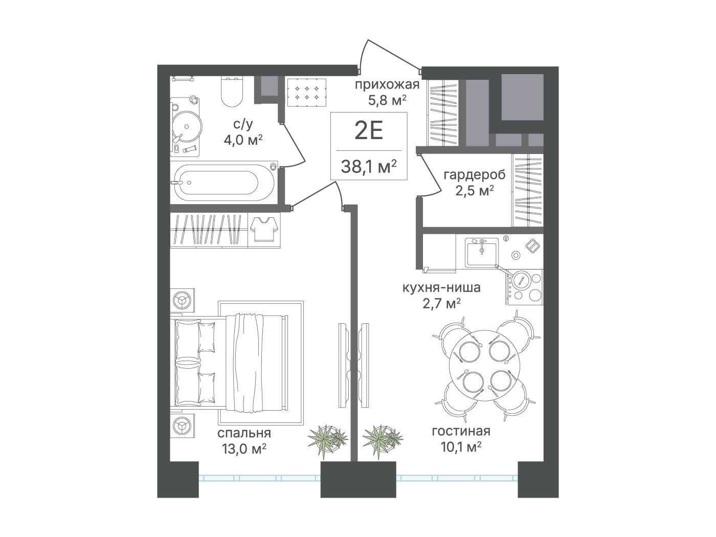 Планировка: 2-комн. квартира 38.10 м² в новостройке Михалковский