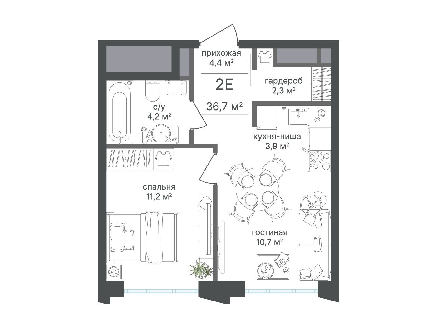 Планировка: 2-комн. квартира 36.70 м² в новостройке Михалковский