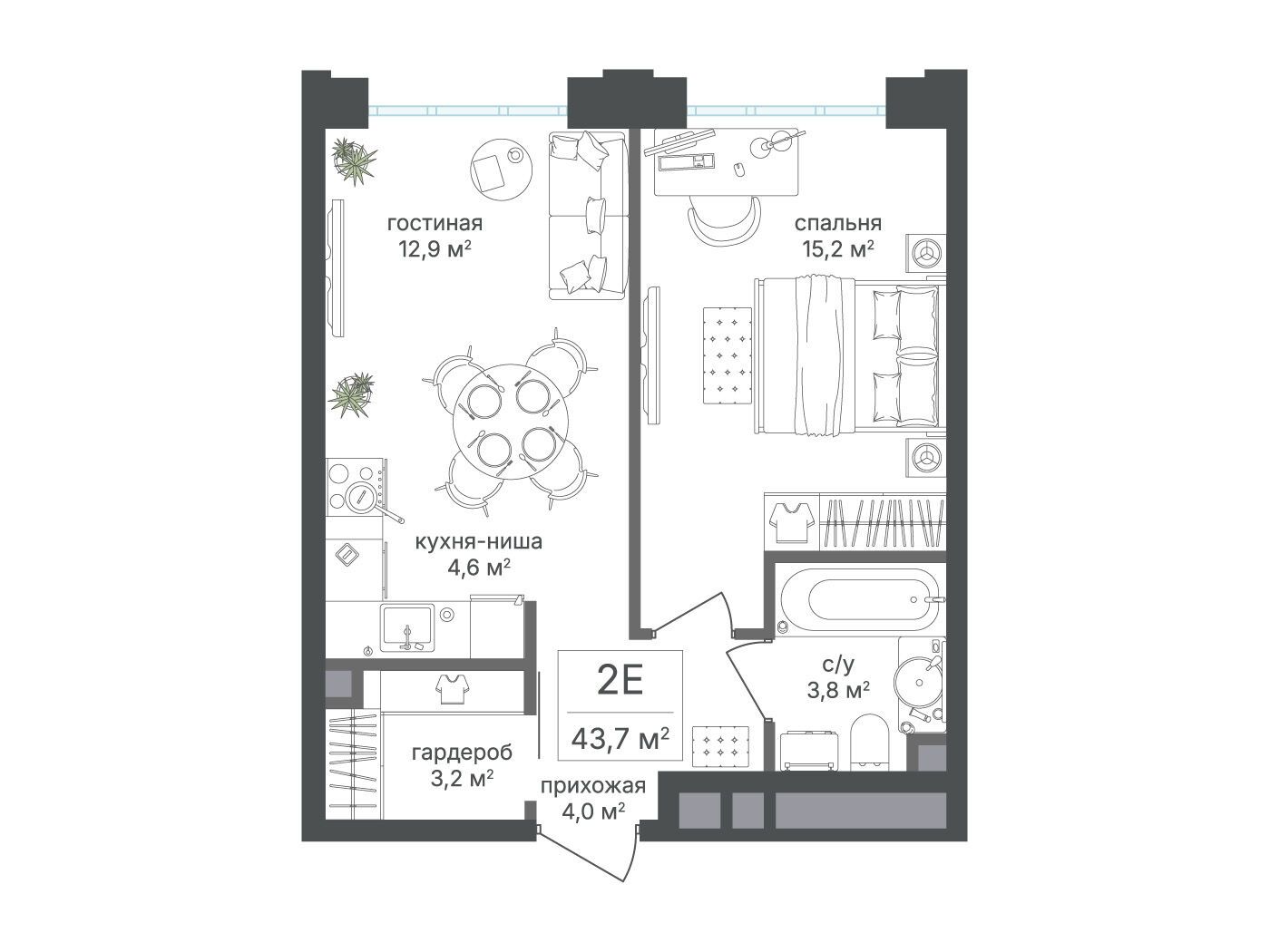 Планировка: 2-комн. квартира 43.70 м² в новостройке Михалковский