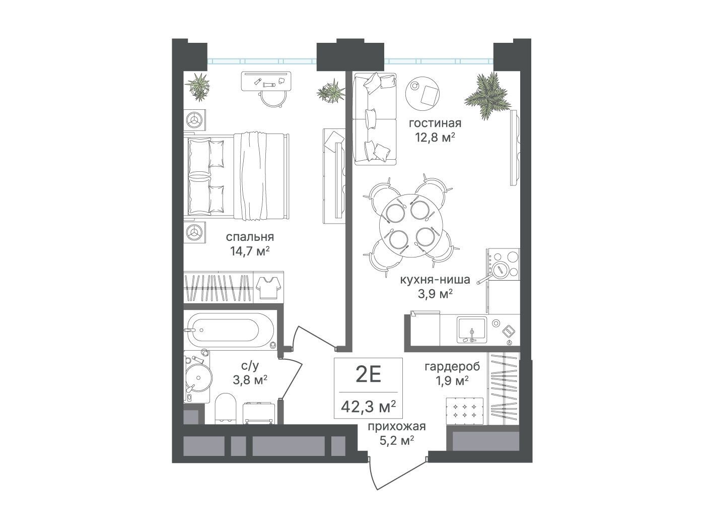 Планировка: 2-комн. квартира 42.30 м² в новостройке Михалковский