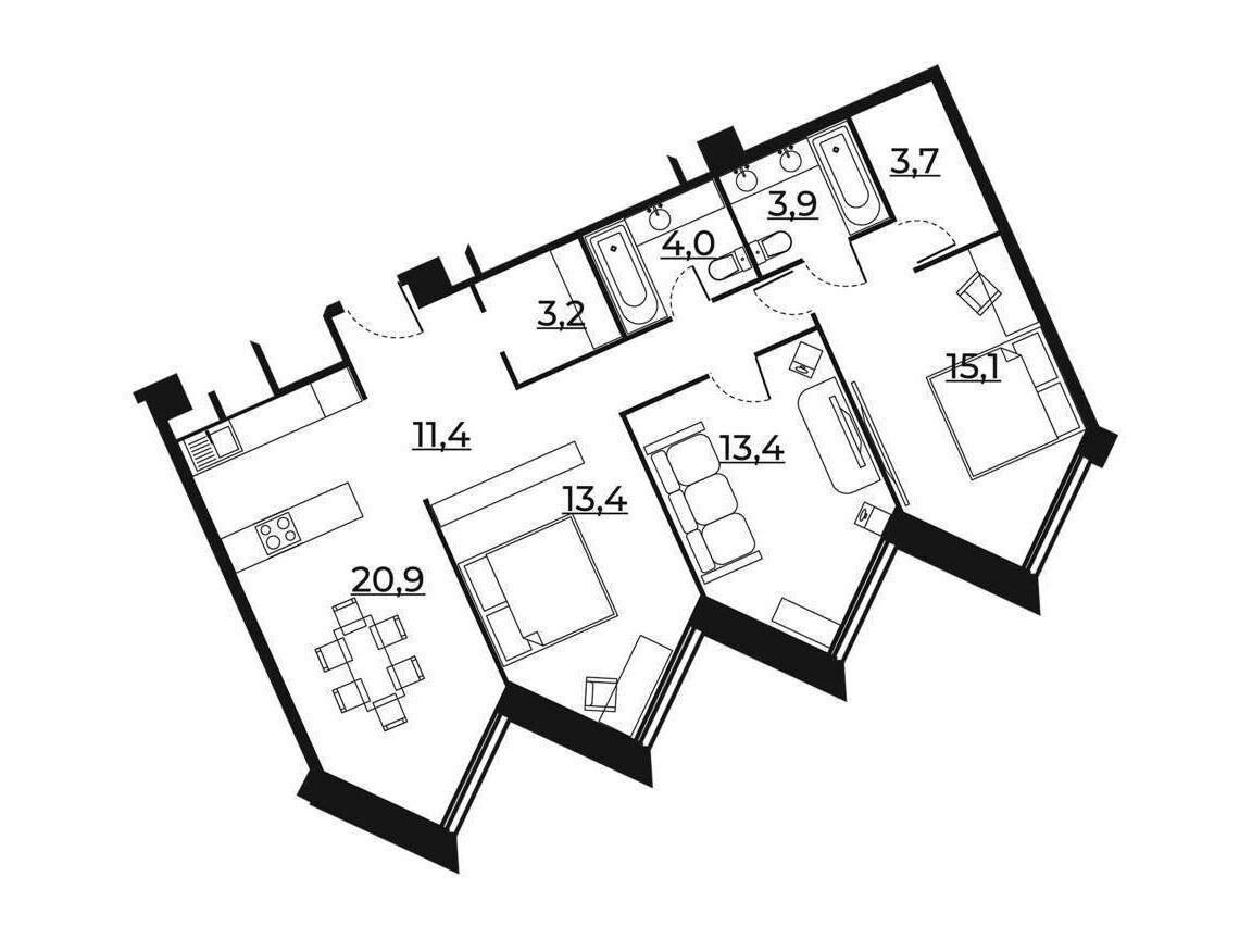 Планировка: 3-комн. квартира 89.10 м² в новостройке Резиденция Сокольники