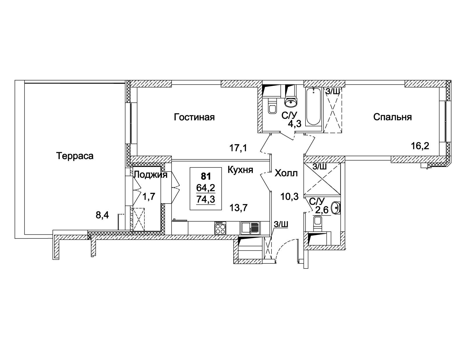 Планировка: 2-комн. квартира 74.40 м² в новостройке Династия