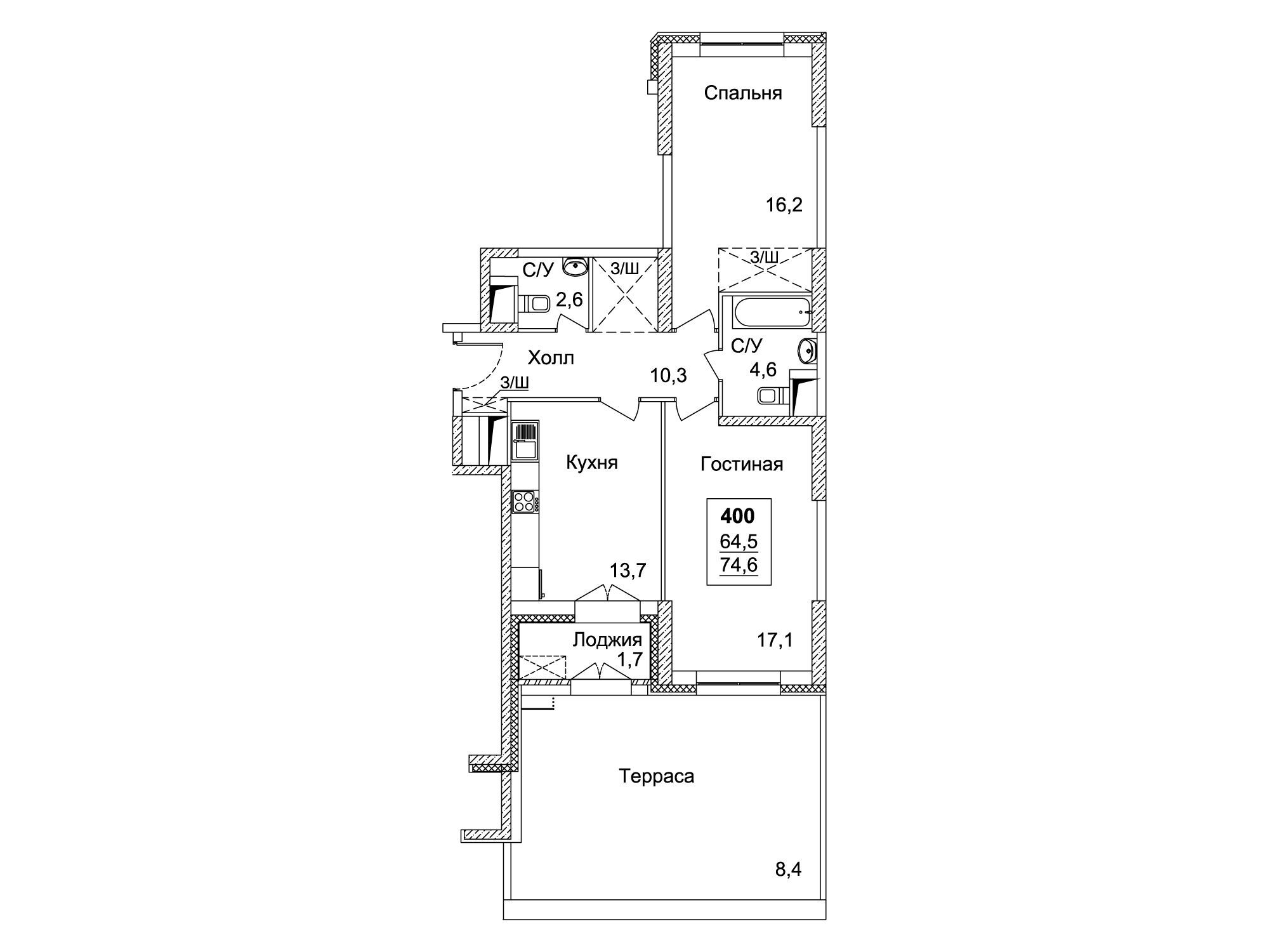 Планировка: 2-комн. квартира 74.60 м² в новостройке Династия