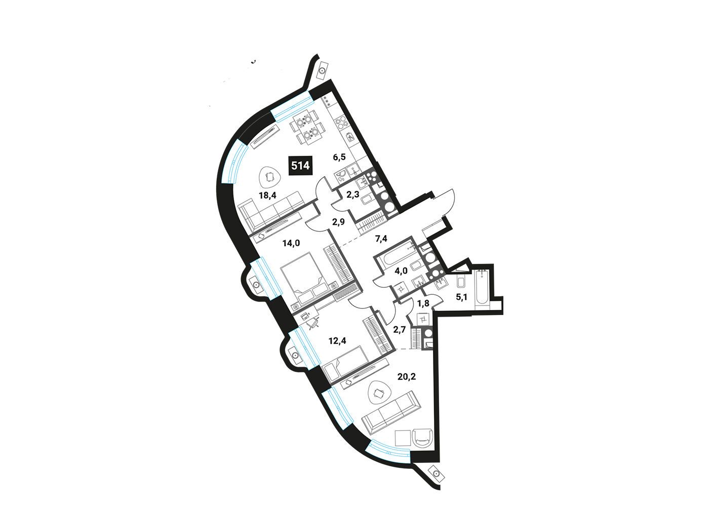 Планировка: 4-комн. квартира 97.70 м² в новостройке Интеллигент