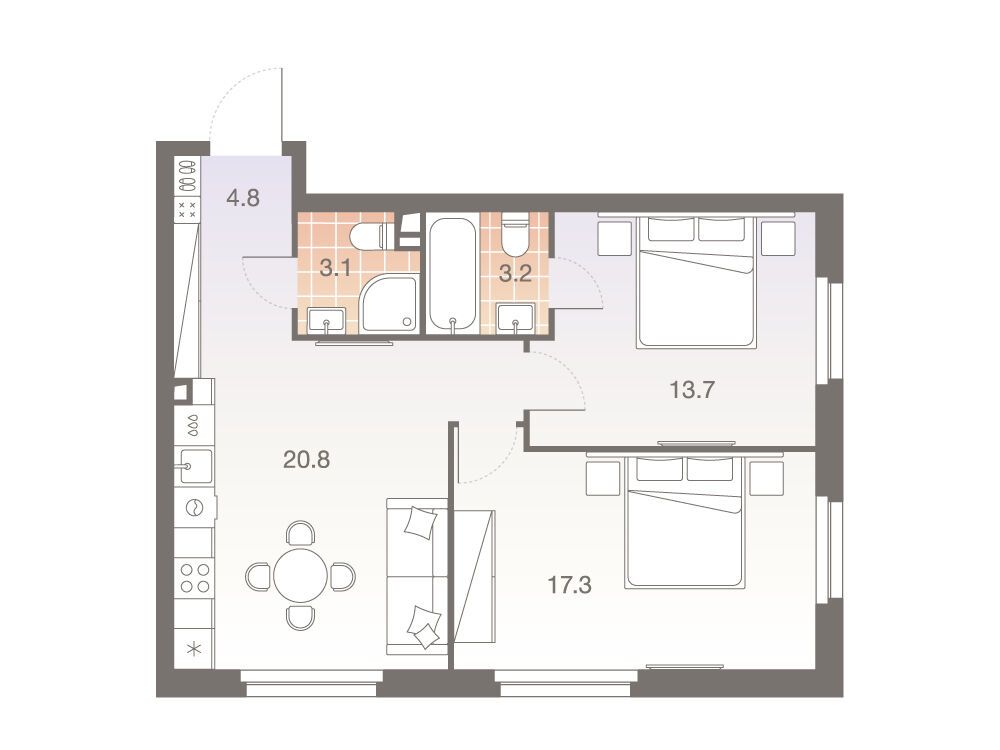 Планировка: 3-комн. квартира 62.90 м² в новостройке Твелв