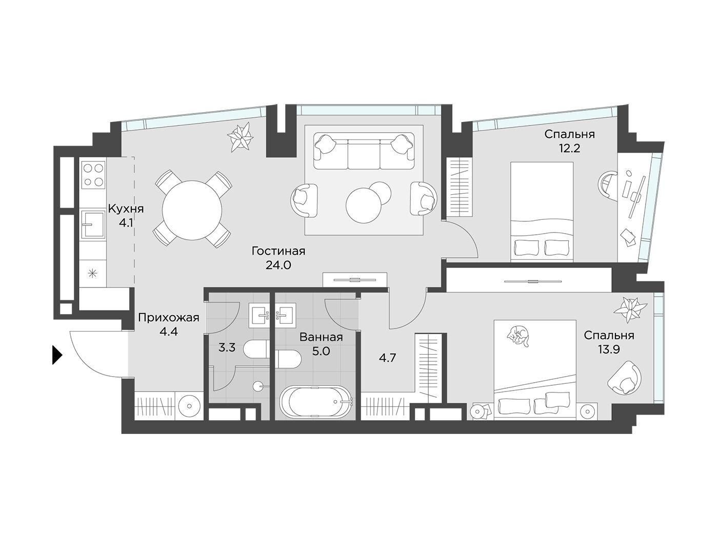 Планировка: 2-комн. квартира 71.80 м² в новостройке Эхэд