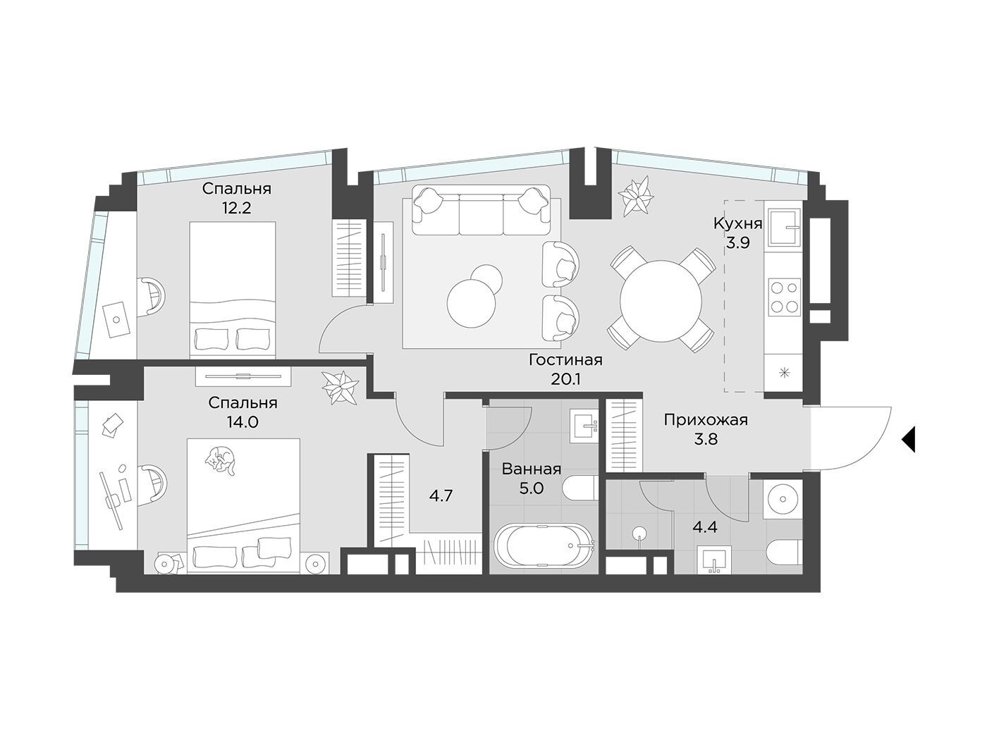 Планировка: 2-комн. квартира 68.40 м² в новостройке Эхэд