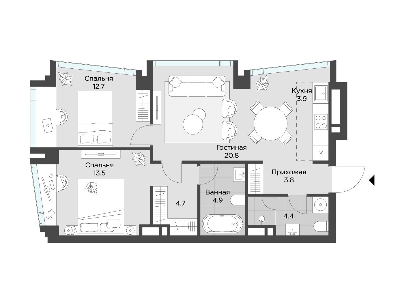 Планировка: 2-комн. квартира 69.00 м² в новостройке Эхэд