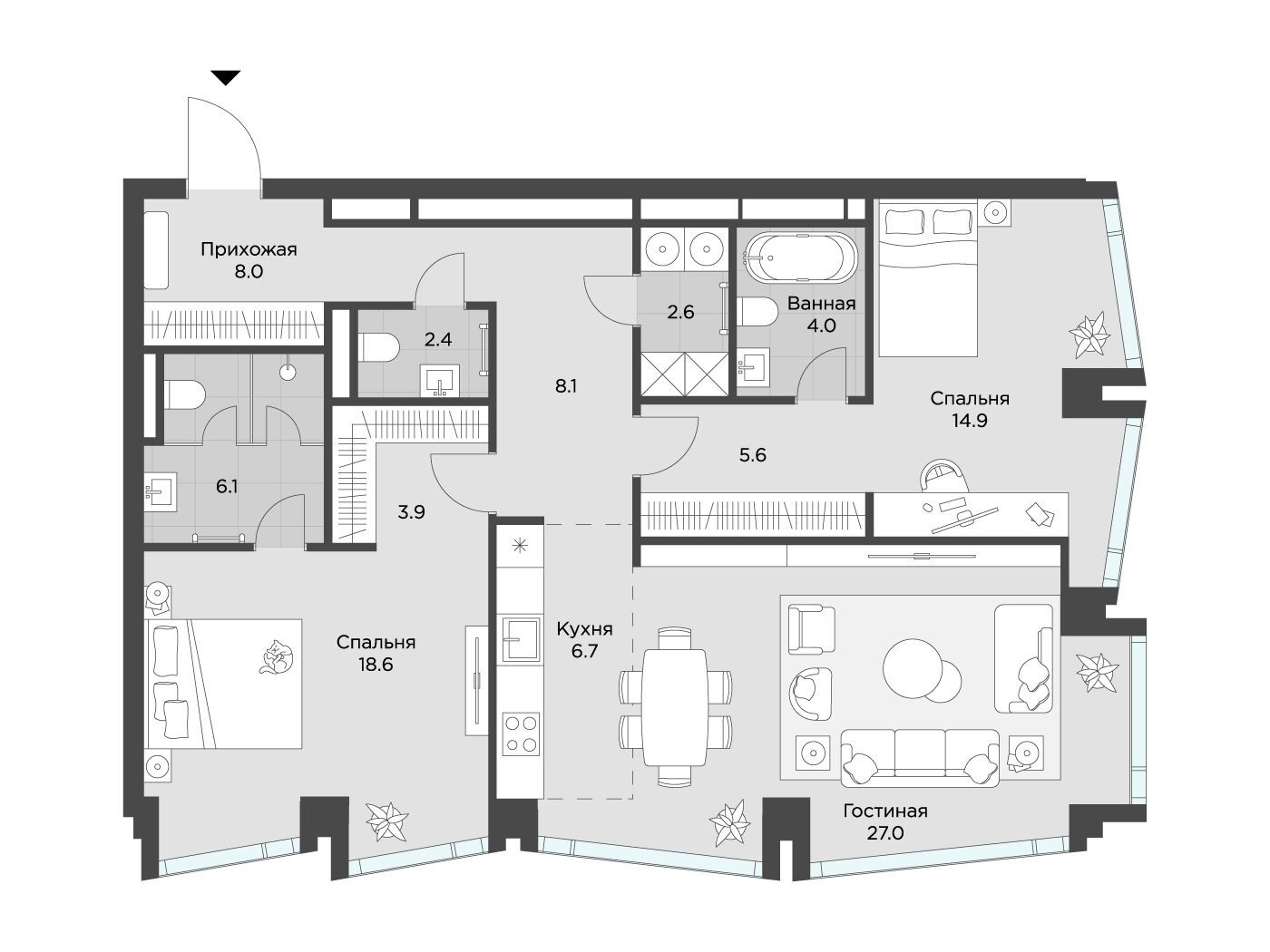 Планировка: 2-комн. квартира 107.90 м² в новостройке Эхэд