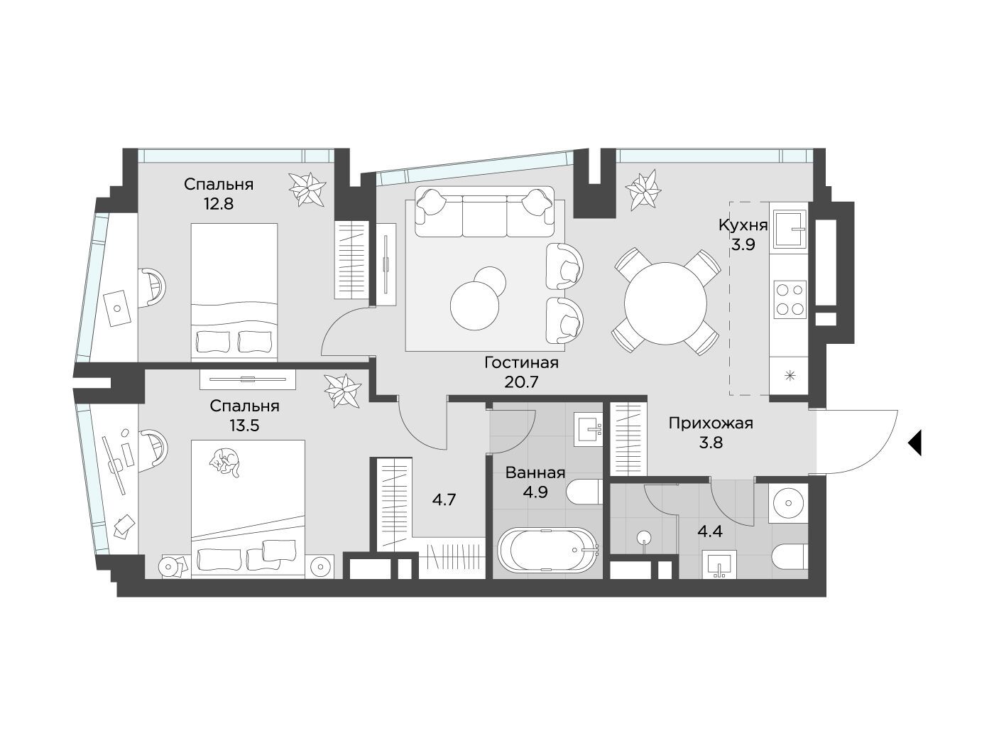 Планировка: 2-комн. квартира 69.20 м² в новостройке Эхэд