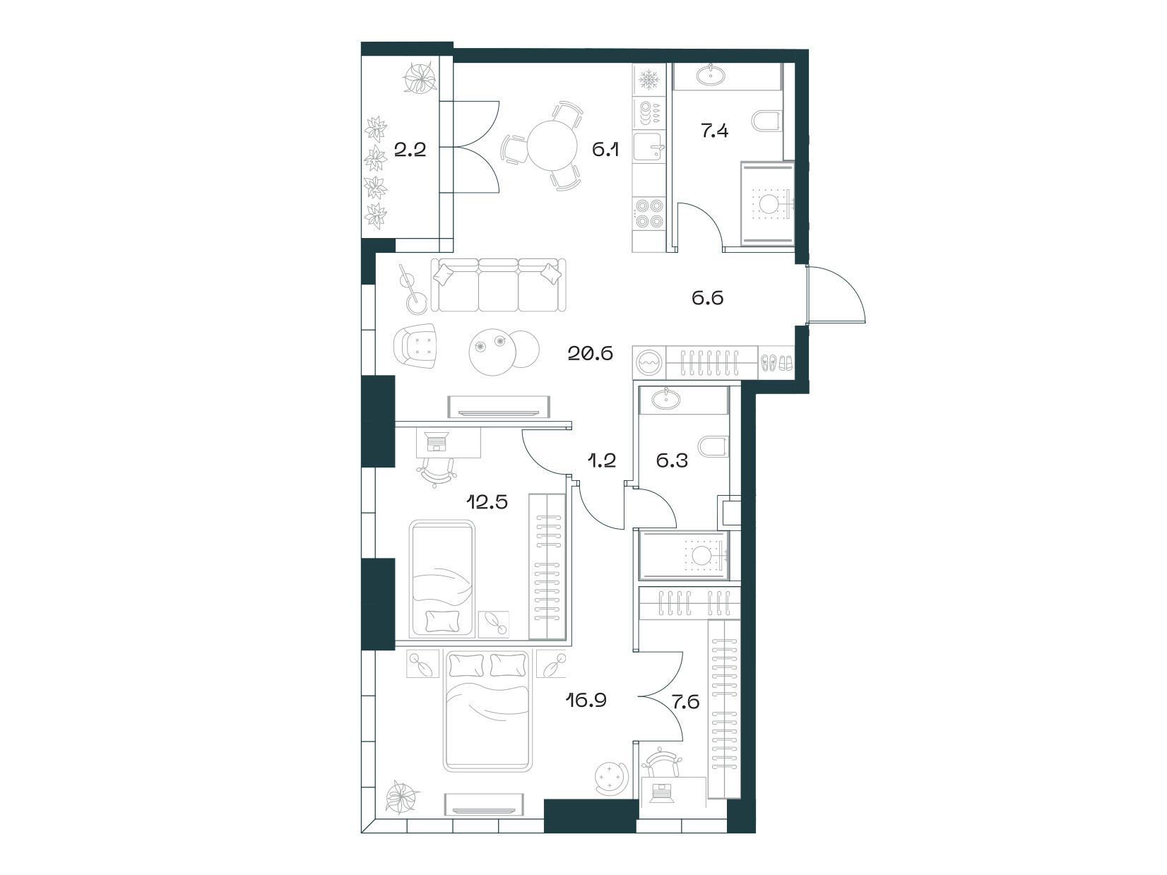 Планировка: 3-комн. квартира 87.50 м² в новостройке Шифт