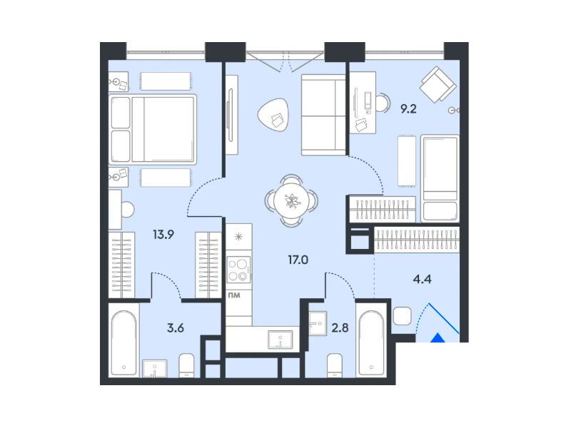 Планировка: 2-комн. квартира 50.90 м² в новостройке Баланс