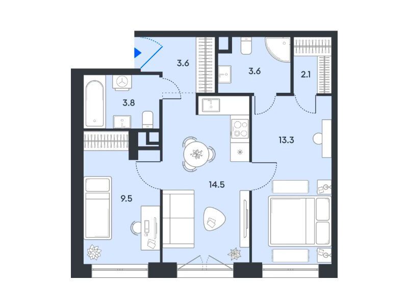 Планировка: 2-комн. квартира 50.40 м² в новостройке Баланс