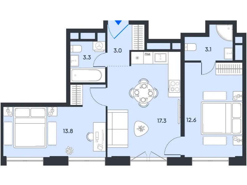 Планировка: 2-комн. квартира 53.10 м² в новостройке Баланс