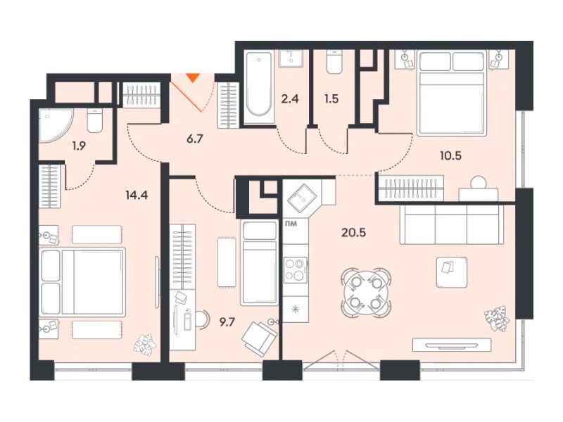 Планировка: 3-комн. квартира 67.60 м² в новостройке Баланс