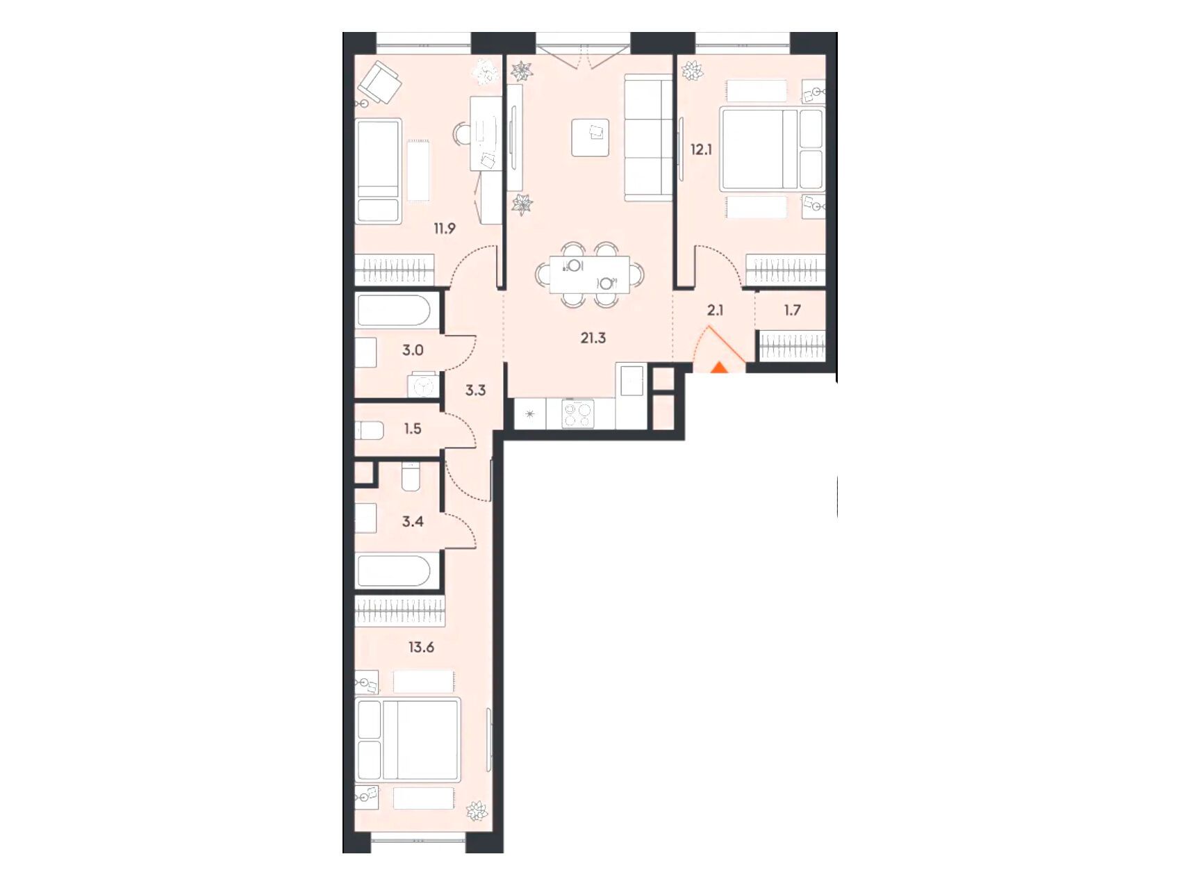 Планировка: 3-комн. квартира 73.90 м² в новостройке Баланс