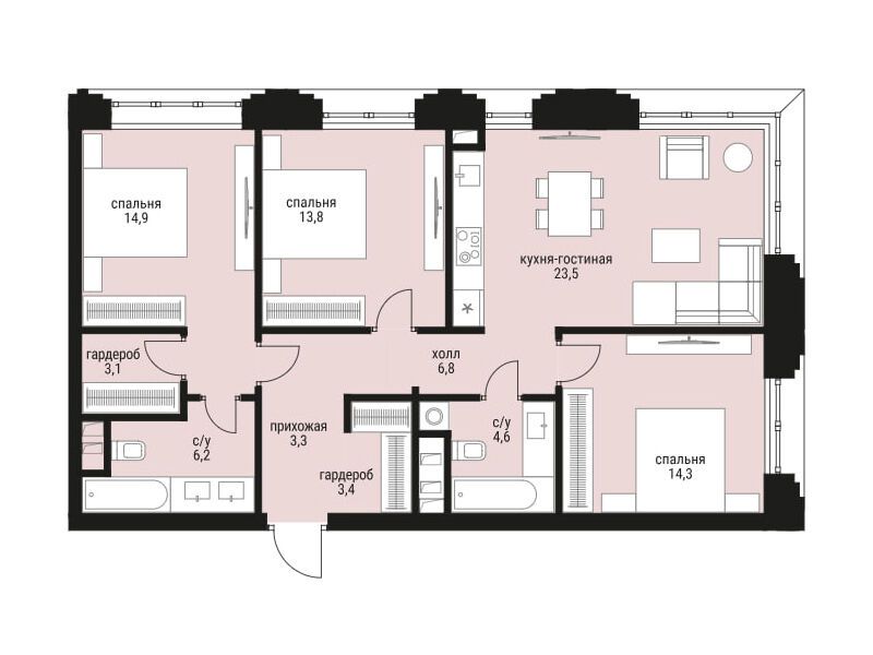 Планировка: 3-комн. квартира 93.90 м² в новостройке ЖК Шелепиха