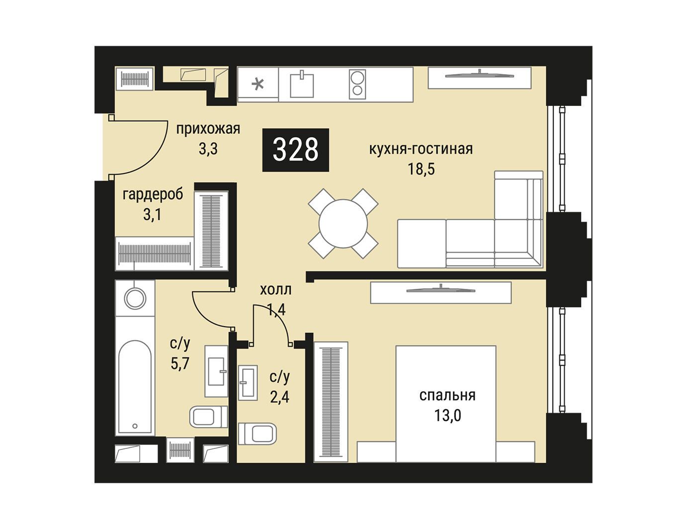 Планировка: 1-комн. квартира 47.40 м² в новостройке ЖК Шелепиха