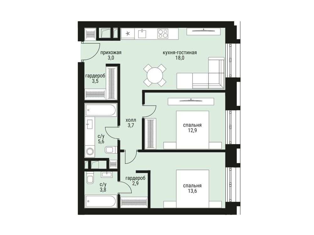Планировка: 2-комн. квартира 67.00 м² в новостройке ЖК Шелепиха