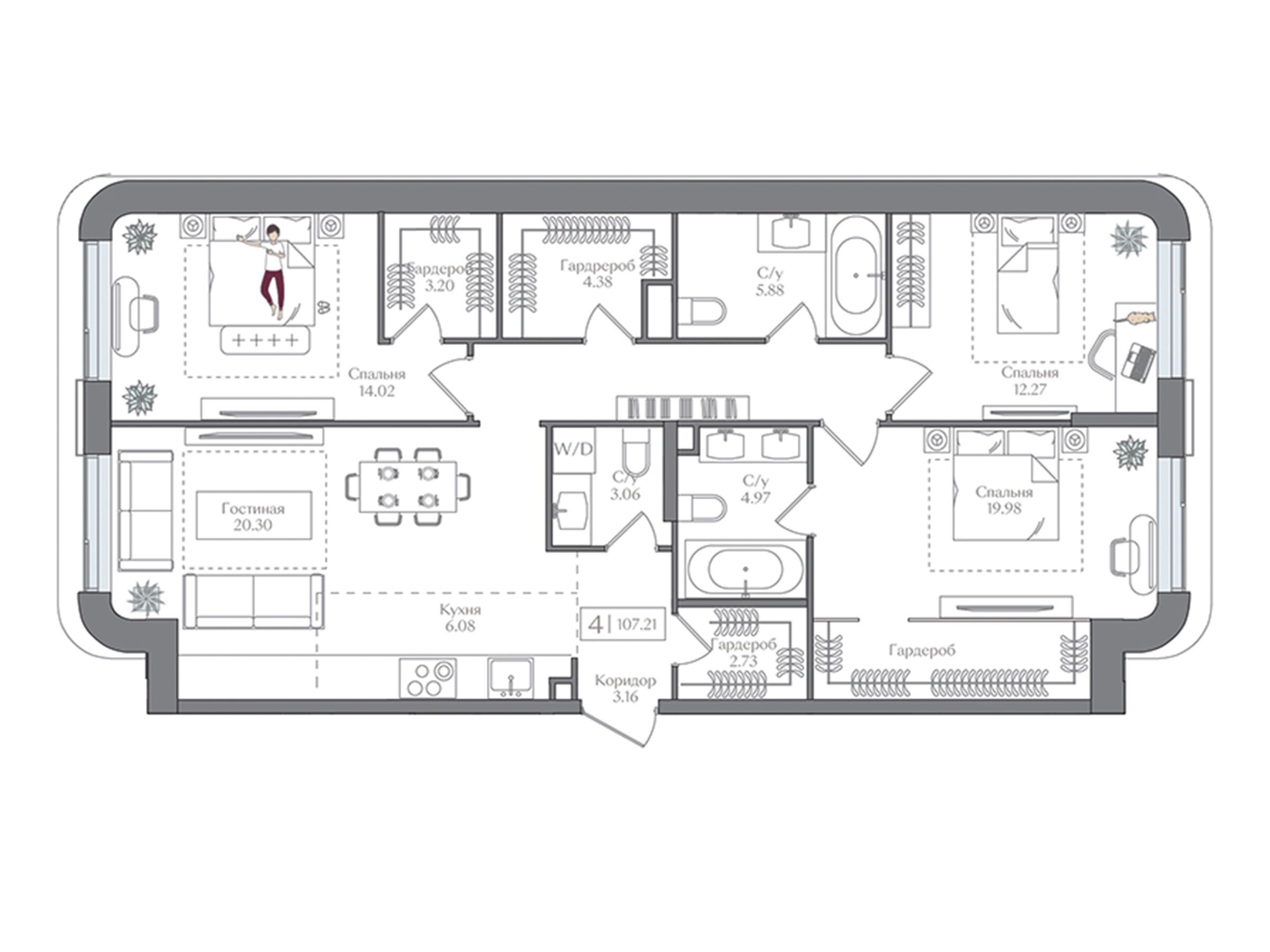 Планировка: 3-комн. квартира 107.21 м² в новостройке Преображенская площадь