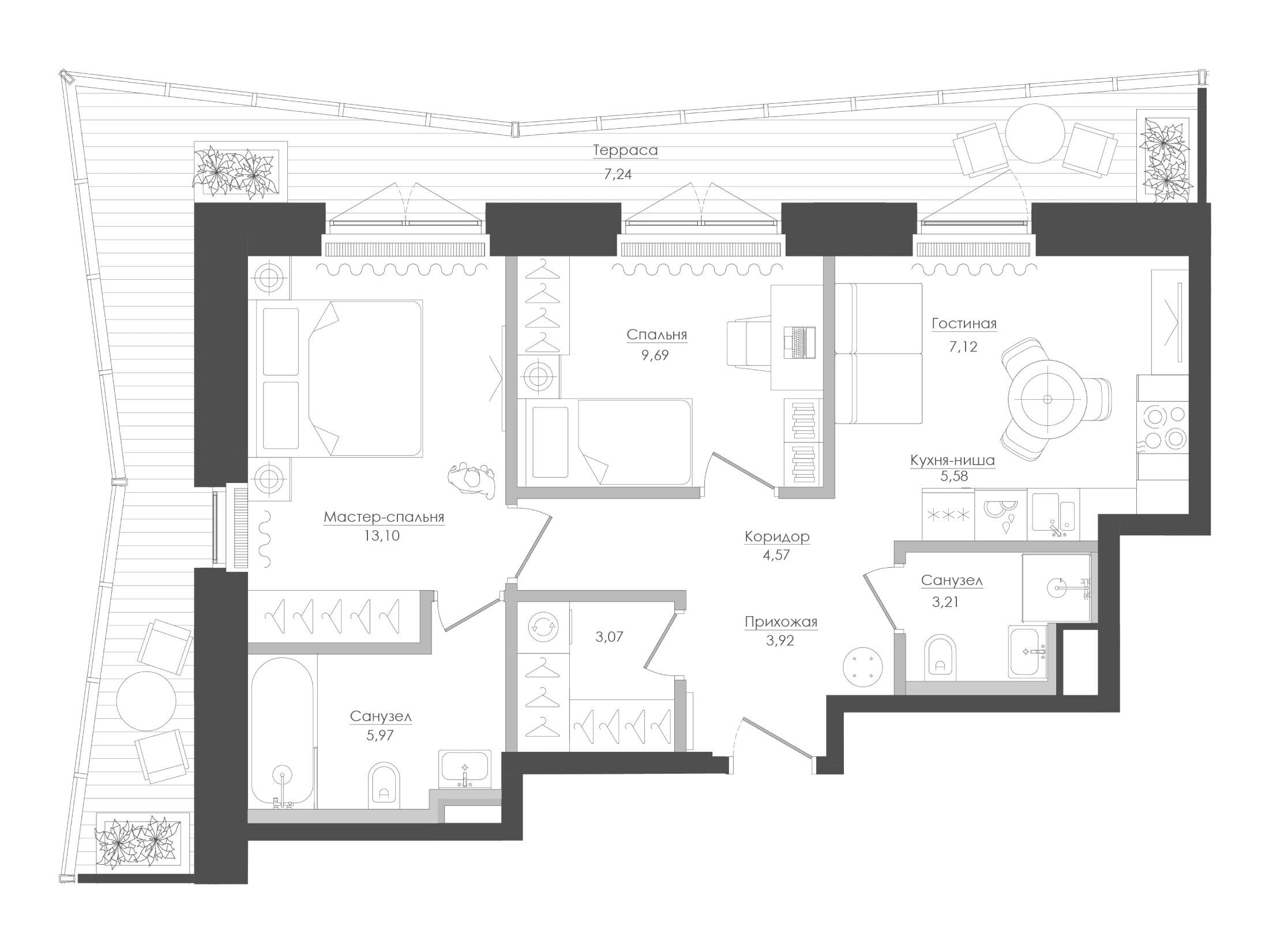 Планировка: 2-комн. квартира 65.29 м² в новостройке Селигер Сити