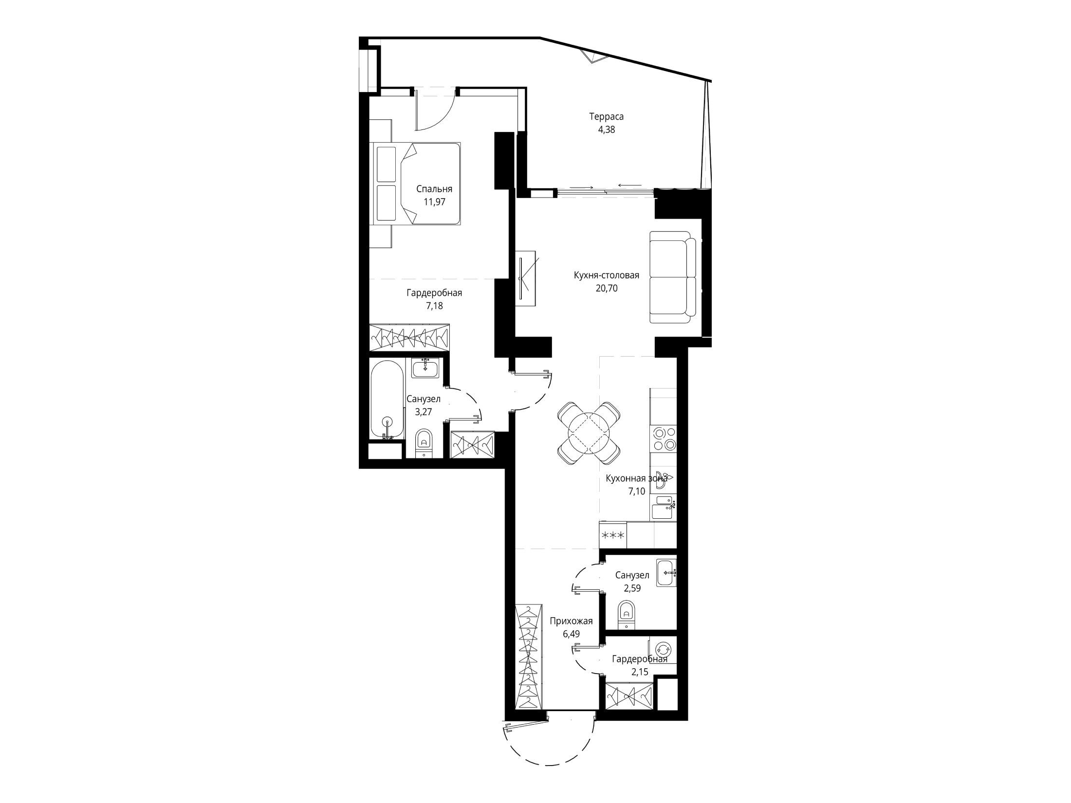 Планировка: 1-комн. квартира 70.25 м² в новостройке ЖК Джойс