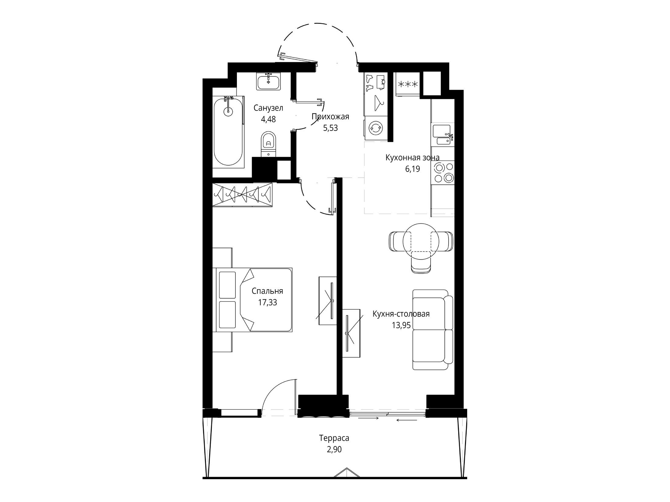 Планировка: 1-комн. квартира 51.37 м² в новостройке Джойс