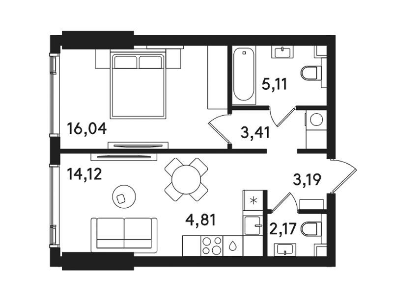 Планировка: 1-комн. квартира 48.85 м² в новостройке ЖК Солос