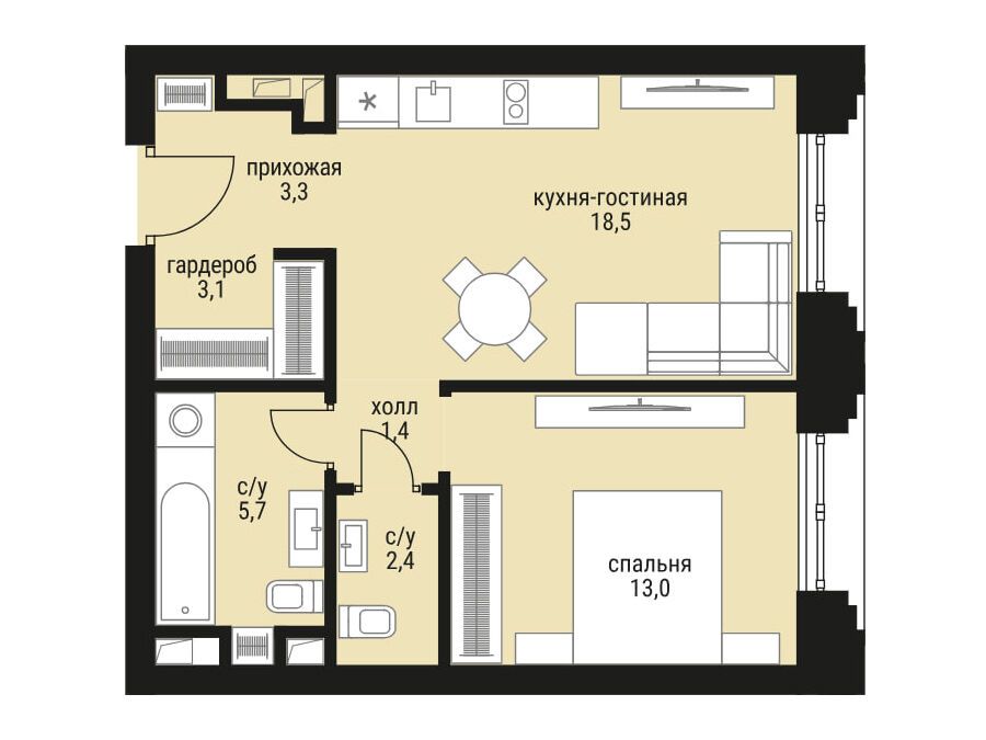 Планировка: 1-комн. квартира 47.40 м² в новостройке ЖК Шелепиха