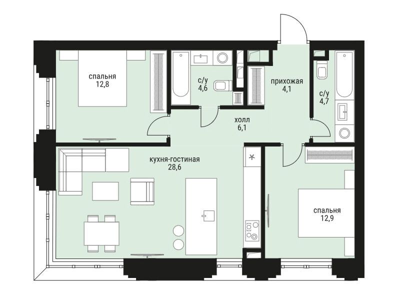 Планировка: 2-комн. квартира 76.30 м² в новостройке ЖК Шелепиха
